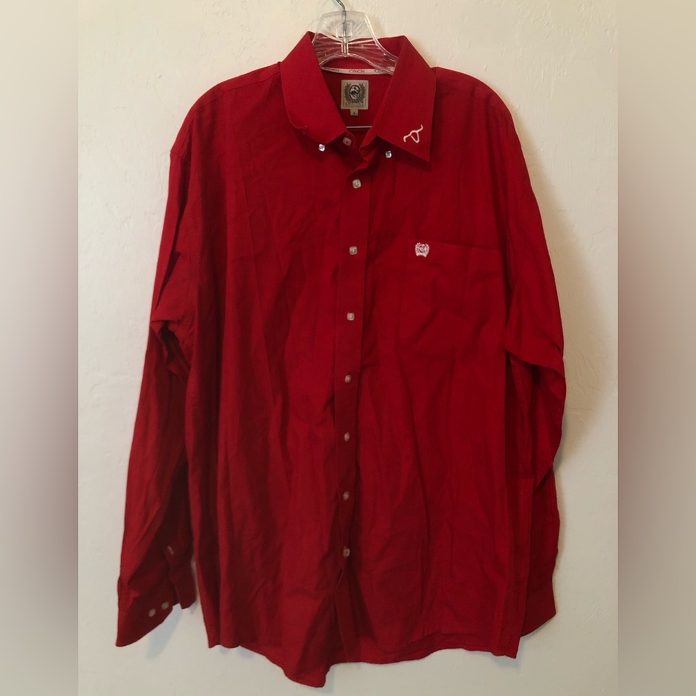 Cinch Mens Large Button Up Shirt Red Collared Dress Shirt Long Sleeve